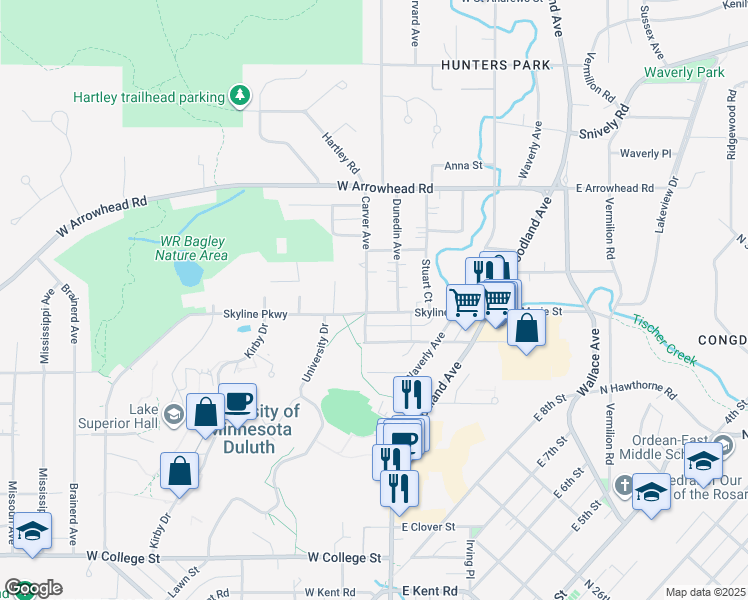map of restaurants, bars, coffee shops, grocery stores, and more near 1710 Carver Avenue in Duluth