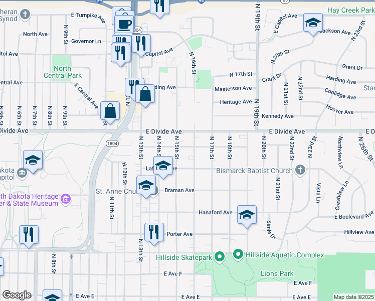 map of restaurants, bars, coffee shops, grocery stores, and more near 1515 Harmon Avenue in Bismarck