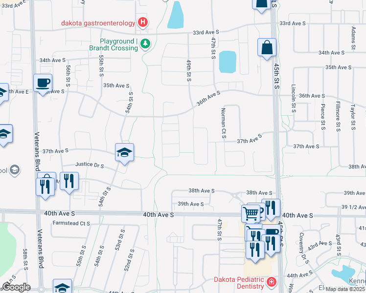 map of restaurants, bars, coffee shops, grocery stores, and more near 3706 Chinook Drive South in Fargo