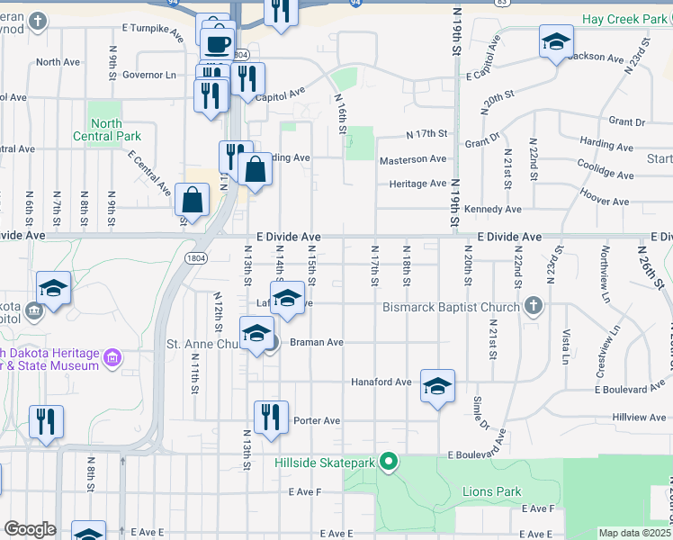 map of restaurants, bars, coffee shops, grocery stores, and more near 1515 Harmon Avenue in Bismarck