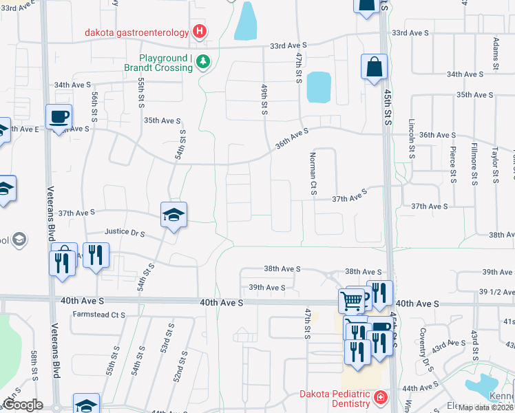 map of restaurants, bars, coffee shops, grocery stores, and more near 3706 Chinook Drive South in Fargo