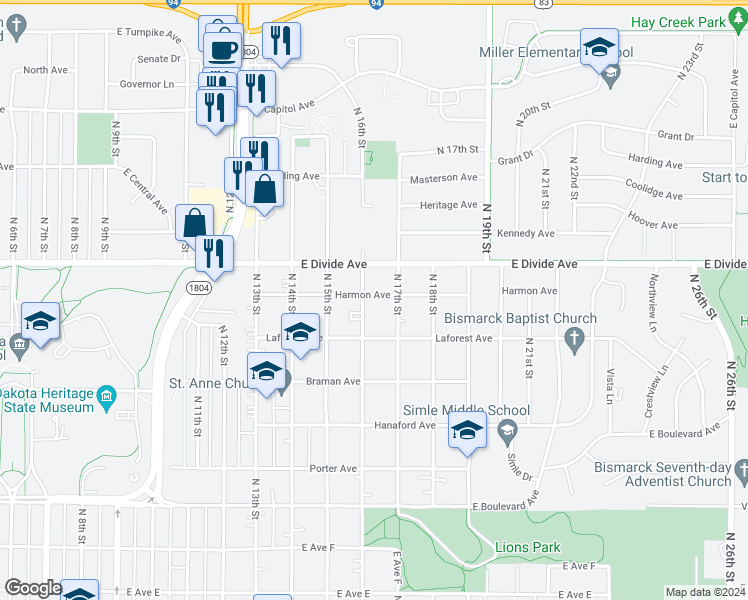 map of restaurants, bars, coffee shops, grocery stores, and more near 1603 Harmon Avenue in Bismarck