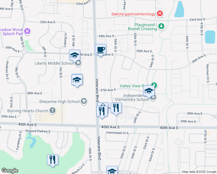 map of restaurants, bars, coffee shops, grocery stores, and more near 3600 Veterans Boulevard in Fargo