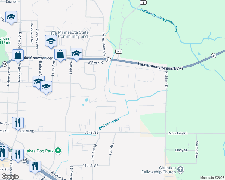 map of restaurants, bars, coffee shops, grocery stores, and more near 1227 Riverside Drive in Detroit Lakes