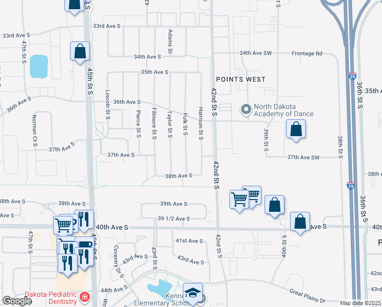 map of restaurants, bars, coffee shops, grocery stores, and more near 3714 Polk Street South in Fargo