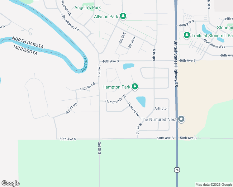 map of restaurants, bars, coffee shops, grocery stores, and more near 501 Hampton Drive West in Moorhead