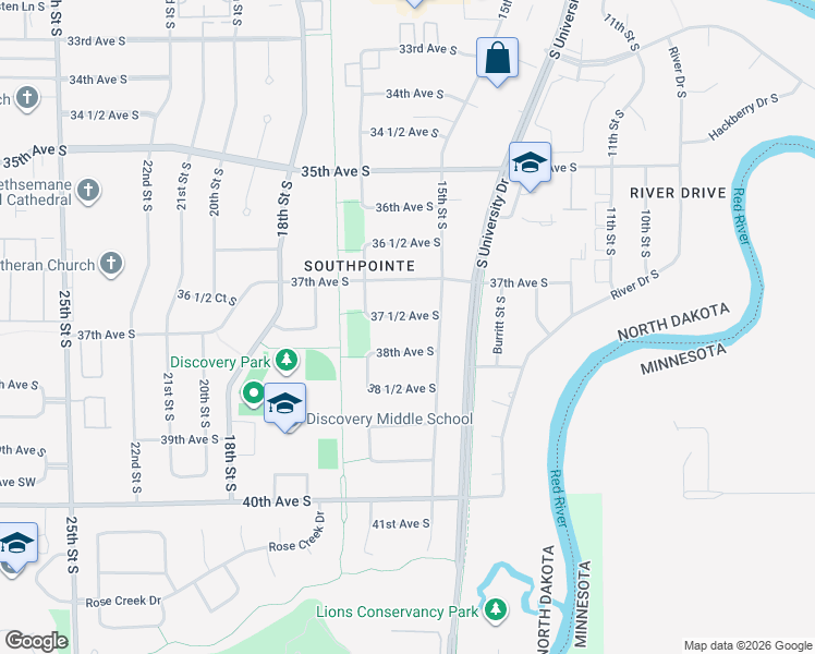 map of restaurants, bars, coffee shops, grocery stores, and more near 1515 38th Avenue South in Fargo