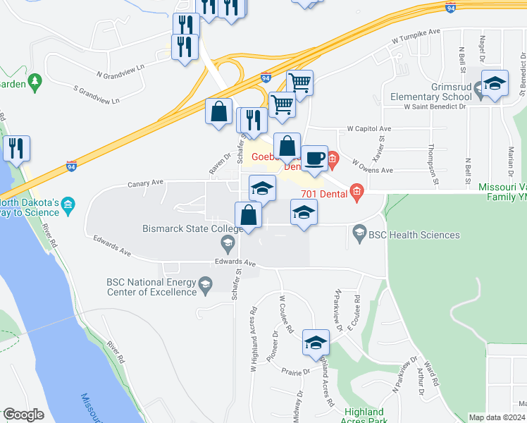 map of restaurants, bars, coffee shops, grocery stores, and more near 1200 College Drive in Bismarck