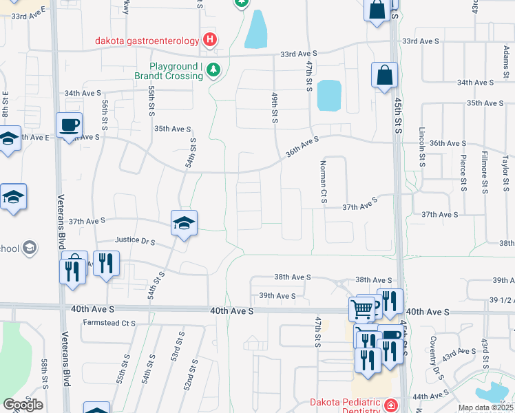 map of restaurants, bars, coffee shops, grocery stores, and more near 5052 36th Street South in Fargo