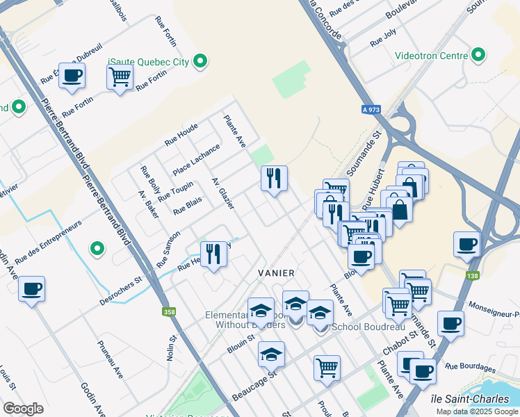 map of restaurants, bars, coffee shops, grocery stores, and more near 510 Avenue Claude Martin in Ville de Québec