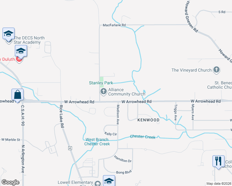 map of restaurants, bars, coffee shops, grocery stores, and more near 2507 West Arrowhead Road in Duluth