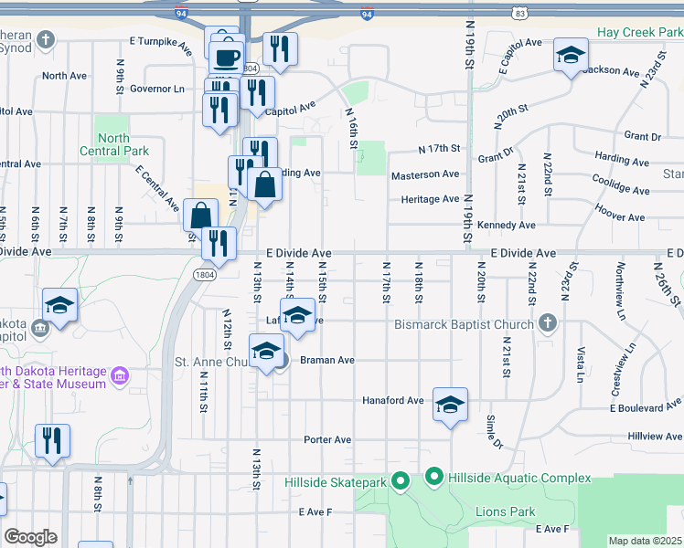 map of restaurants, bars, coffee shops, grocery stores, and more near 1515 Harmon Avenue in Bismarck
