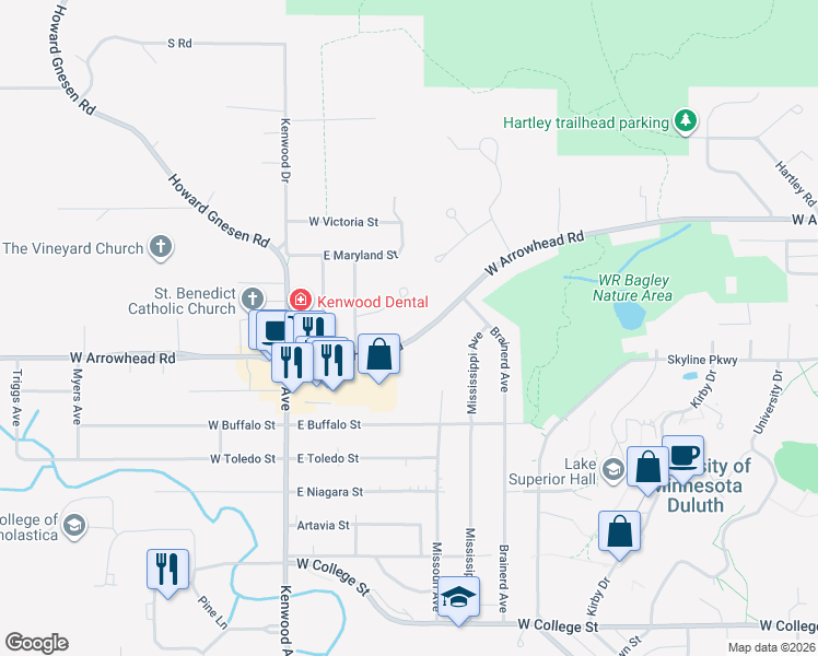 map of restaurants, bars, coffee shops, grocery stores, and more near 1200 West Arrowhead Road in Duluth