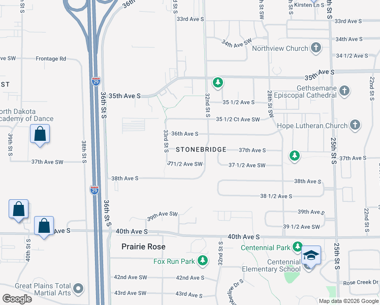 map of restaurants, bars, coffee shops, grocery stores, and more near 3209 37 1/2 Avenue South in Fargo