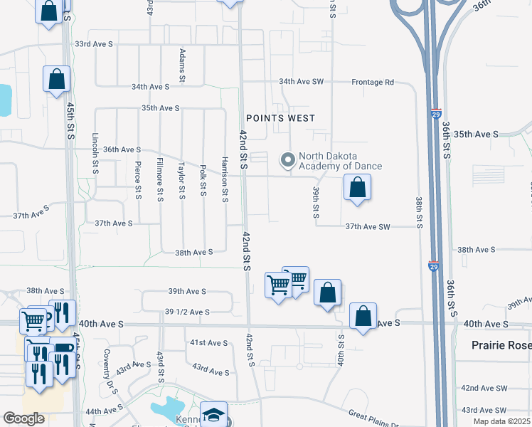 map of restaurants, bars, coffee shops, grocery stores, and more near 3680 42nd Street South in Fargo