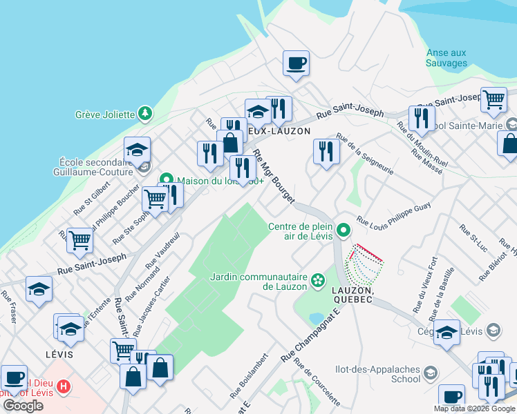 map of restaurants, bars, coffee shops, grocery stores, and more near 14 Rue de l'Eau-Fraiche in Levis