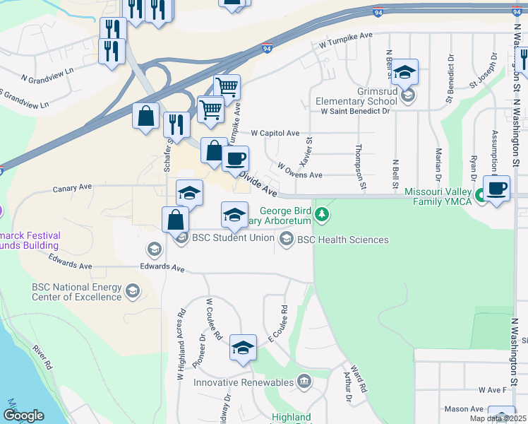 map of restaurants, bars, coffee shops, grocery stores, and more near 1140 College Drive in Bismarck