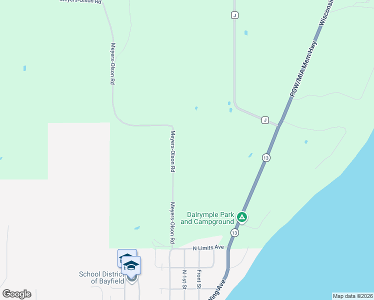map of restaurants, bars, coffee shops, grocery stores, and more near 86360 Meyers-Olson Road in Bayfield