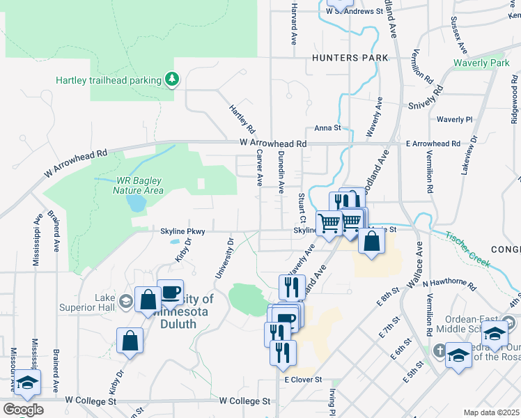 map of restaurants, bars, coffee shops, grocery stores, and more near 1710 Carver Avenue in Duluth