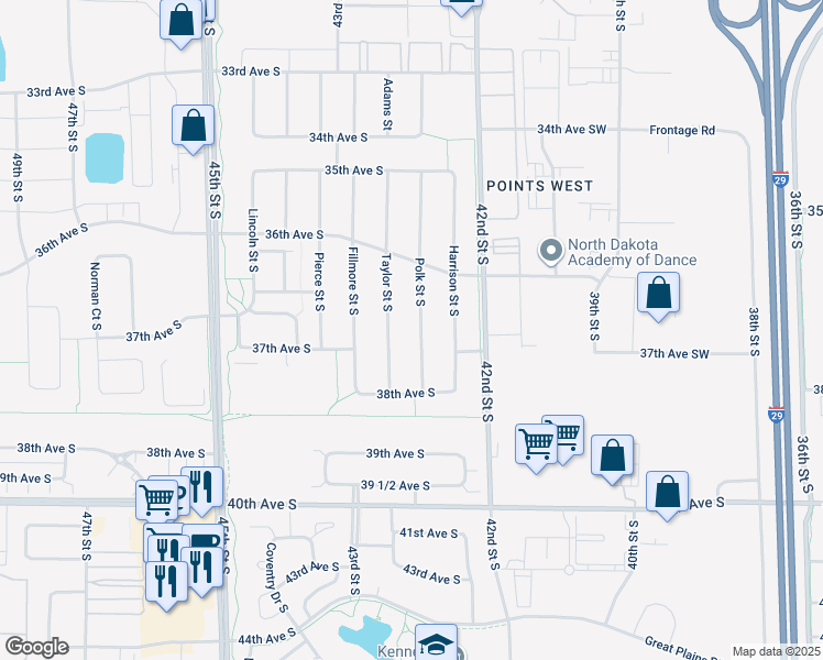 map of restaurants, bars, coffee shops, grocery stores, and more near 3714 Polk Street South in Fargo