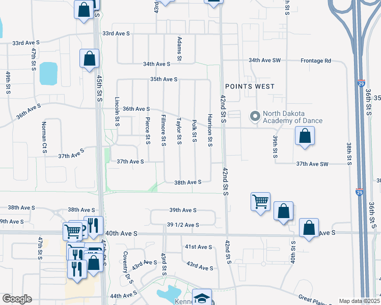 map of restaurants, bars, coffee shops, grocery stores, and more near 3714 Polk Street South in Fargo