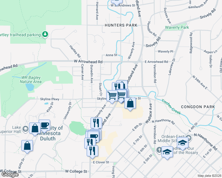 map of restaurants, bars, coffee shops, grocery stores, and more near 1701 Woodland Avenue in Duluth