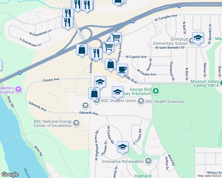map of restaurants, bars, coffee shops, grocery stores, and more near 1200 College Drive in Bismarck