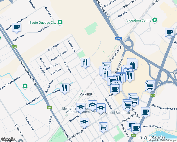 map of restaurants, bars, coffee shops, grocery stores, and more near 490 Avenue Plante in Ville de Québec