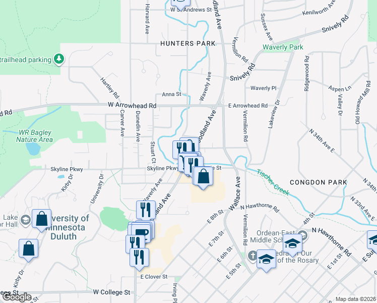 map of restaurants, bars, coffee shops, grocery stores, and more near 1718 Woodland Avenue in Duluth