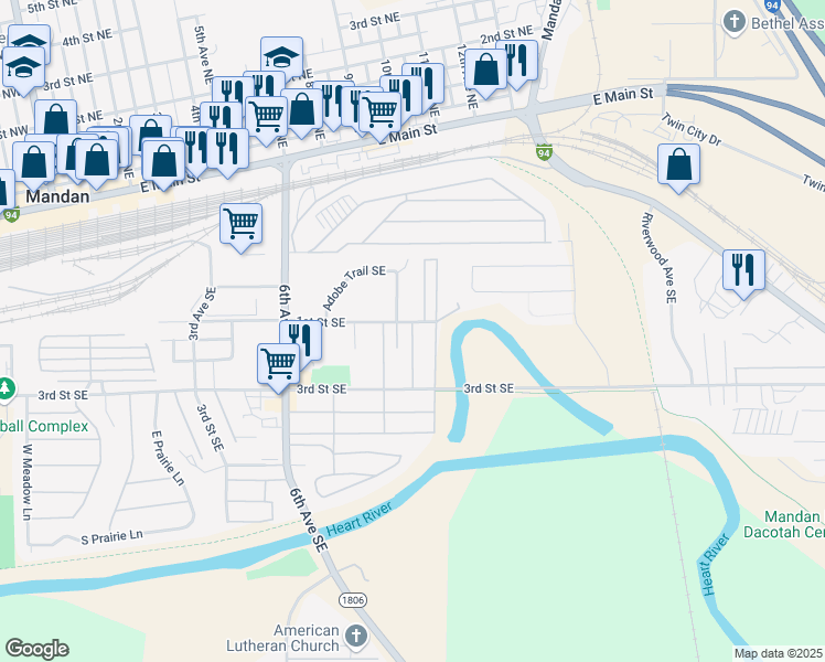 map of restaurants, bars, coffee shops, grocery stores, and more near 212 10th Avenue Southeast in Mandan