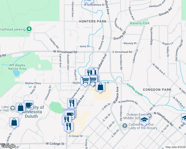 map of restaurants, bars, coffee shops, grocery stores, and more near 1718 Woodland Avenue in Duluth