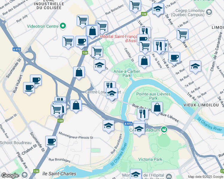 map of restaurants, bars, coffee shops, grocery stores, and more near 342 Rue Julien in Québec