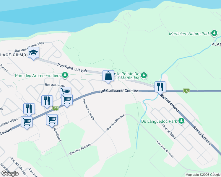map of restaurants, bars, coffee shops, grocery stores, and more near 8965 Boulevard Guillaume-Couture in Lévis