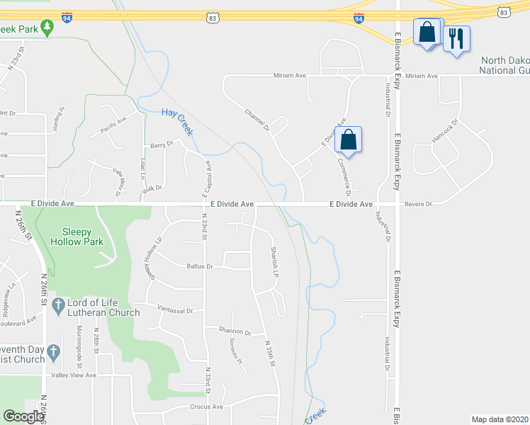map of restaurants, bars, coffee shops, grocery stores, and more near 1531 Sharloh Loop in Bismarck