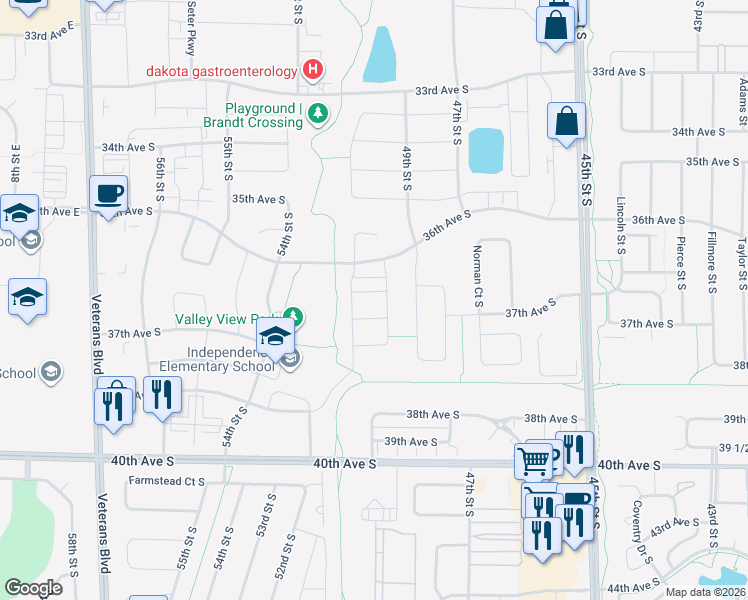 map of restaurants, bars, coffee shops, grocery stores, and more near 5052 36th Street South in Fargo
