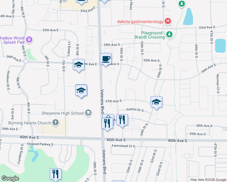 map of restaurants, bars, coffee shops, grocery stores, and more near 3600 Veterans Boulevard in Fargo