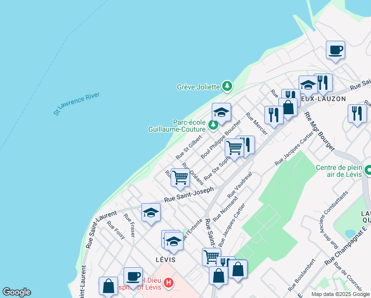 map of restaurants, bars, coffee shops, grocery stores, and more near 27 Rue Saint Gilbert in Lévis