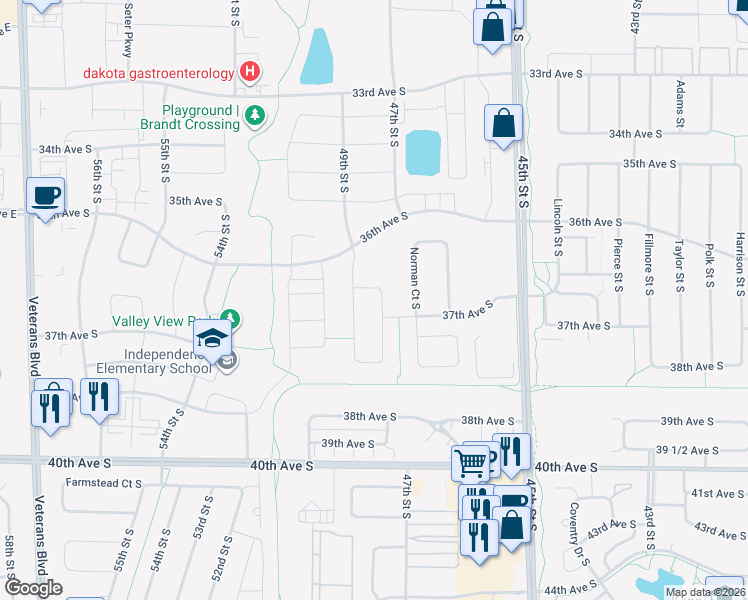 map of restaurants, bars, coffee shops, grocery stores, and more near 4952 40th Avenue South in Moorhead