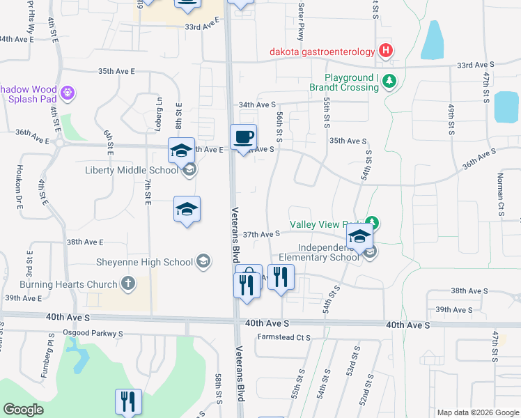 map of restaurants, bars, coffee shops, grocery stores, and more near 5640 36th Street South in Fargo