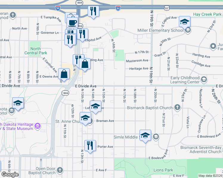 map of restaurants, bars, coffee shops, grocery stores, and more near 1510 East Divide Avenue in Bismarck