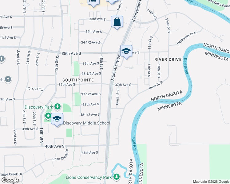map of restaurants, bars, coffee shops, grocery stores, and more near 1219 37th Avenue South in Fargo