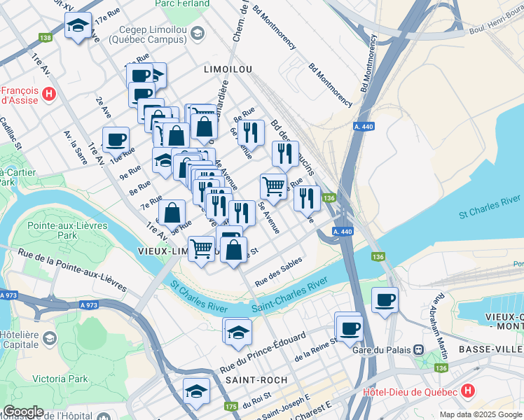 map of restaurants, bars, coffee shops, grocery stores, and more near in Québec City