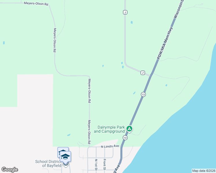 map of restaurants, bars, coffee shops, grocery stores, and more near 86360 Meyers-Olson Road in Bayfield