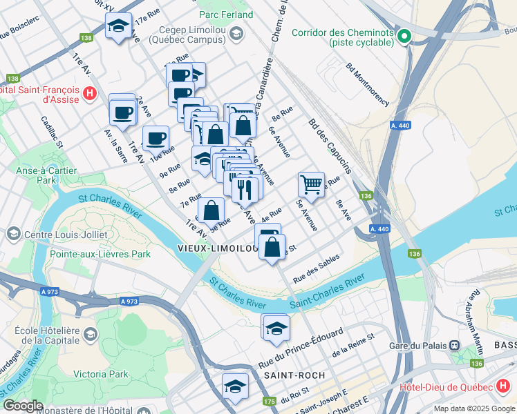 map of restaurants, bars, coffee shops, grocery stores, and more near in Québec City