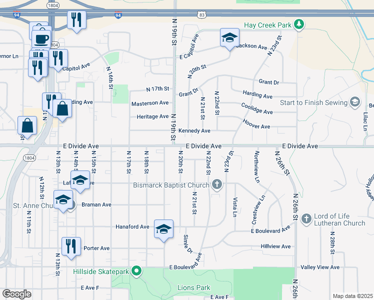 map of restaurants, bars, coffee shops, grocery stores, and more near 2007 East Divide Avenue in Bismarck