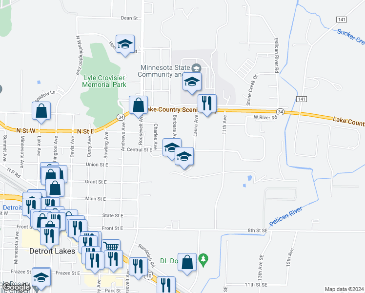 map of restaurants, bars, coffee shops, grocery stores, and more near 804 Central Street East in Detroit Lakes