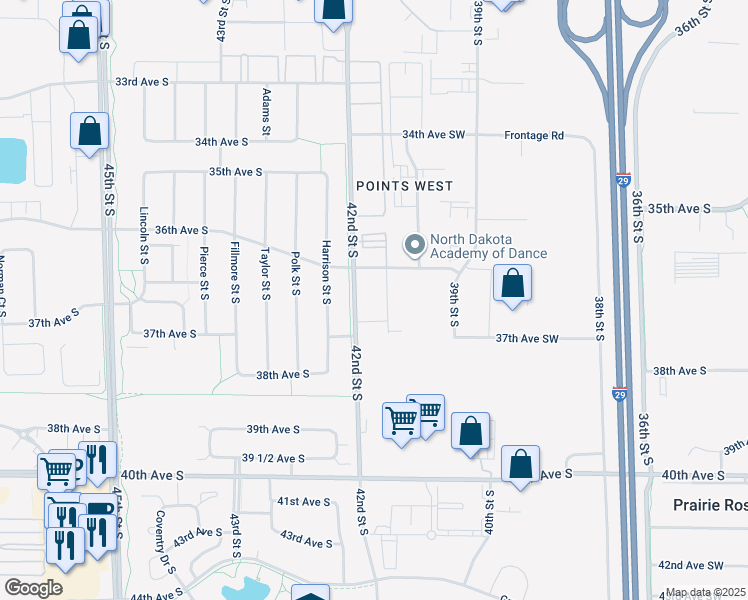 map of restaurants, bars, coffee shops, grocery stores, and more near 3620 42nd Street South in Fargo