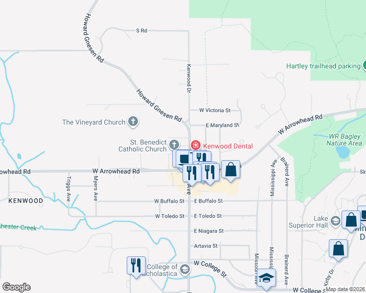 map of restaurants, bars, coffee shops, grocery stores, and more near 1410 Acre Street in Duluth