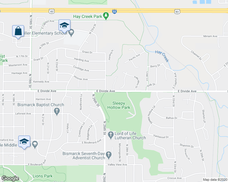 map of restaurants, bars, coffee shops, grocery stores, and more near East Divide Avenue in Bismarck