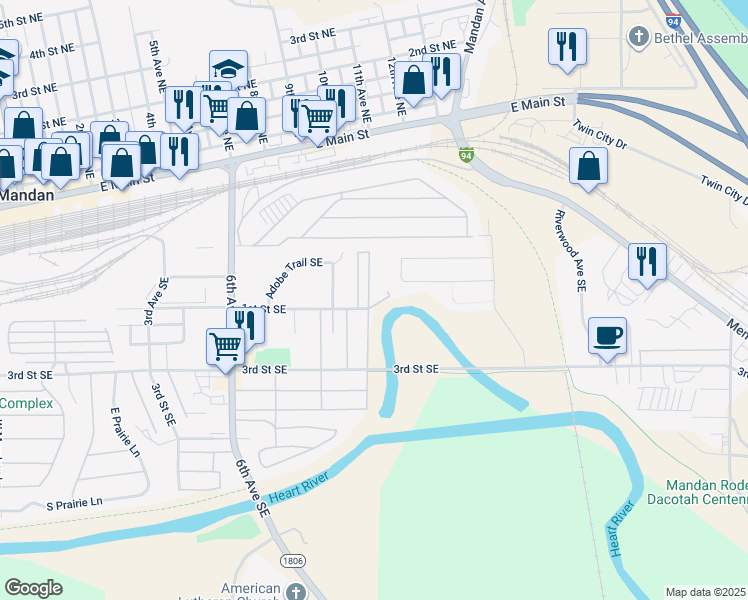 map of restaurants, bars, coffee shops, grocery stores, and more near Lori Drive in Mandan